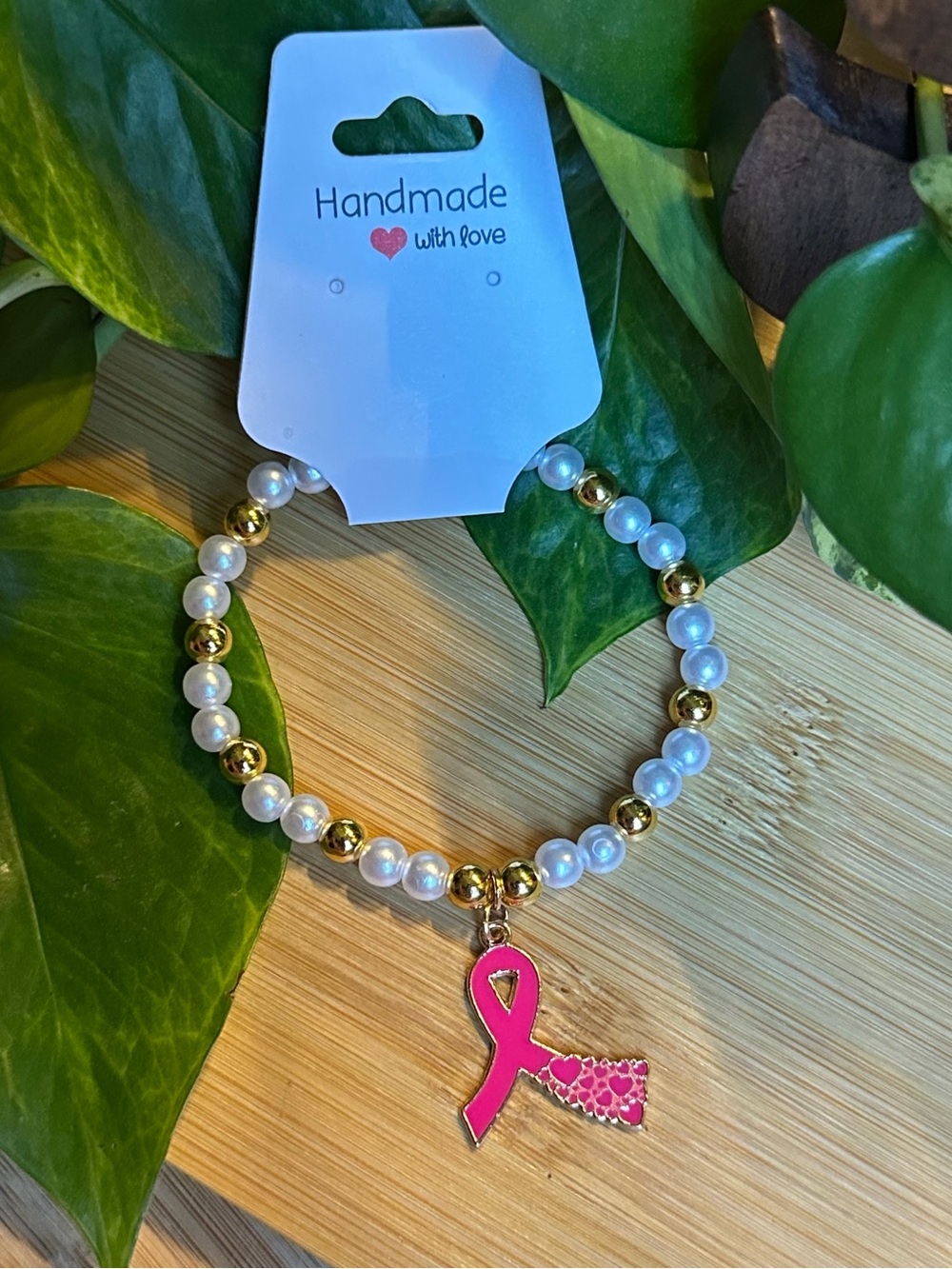 🎀 Breast Cancer Awareness Stretchy Beaded Bracelet | Handmade | Dangle Charm 🎀